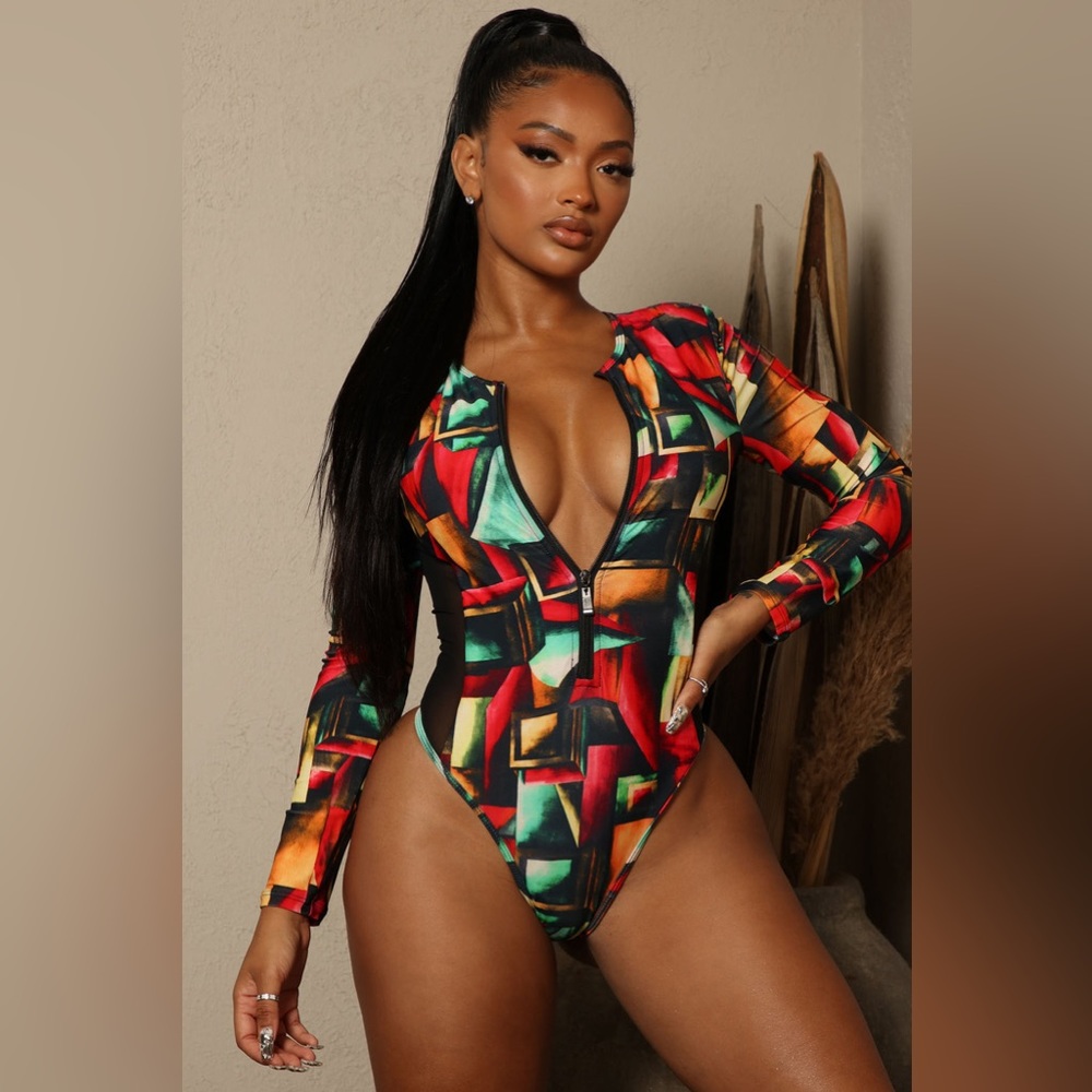 Fashion Nova - Miami Art Long Sleeve One Piece Swimsuit - Red/Combo